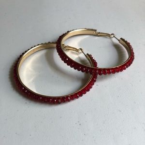 Red beaded hoop earrings w/ gold trim